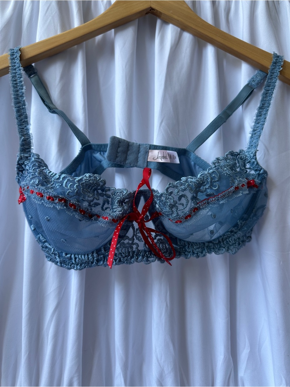 Vintage Jezebel Blue Lace Embroidered Balconette Bra with Red Ribbon Accent